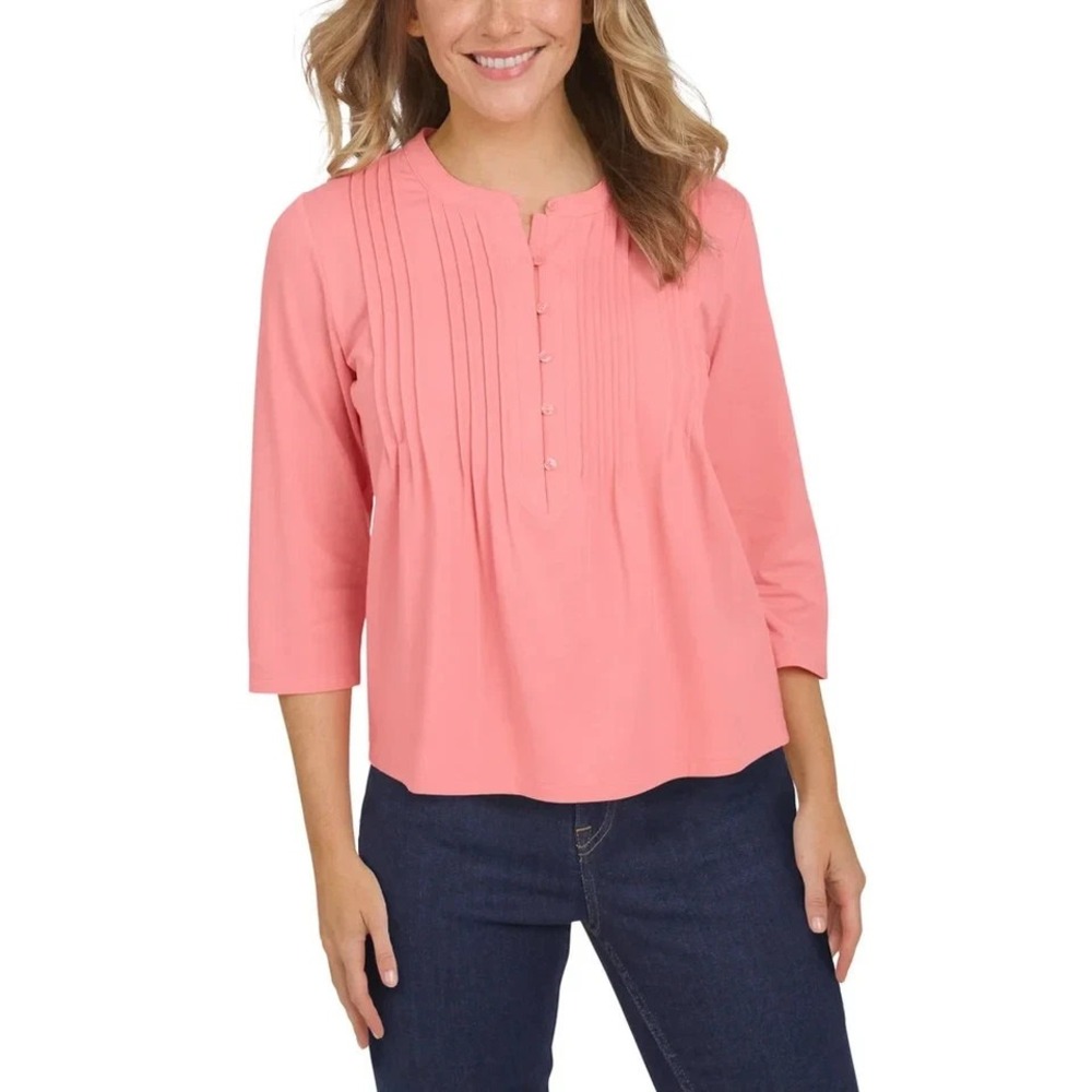Lands' End Women's Pintuck 3/4 Sleeve Top, Pink, Size Small, New